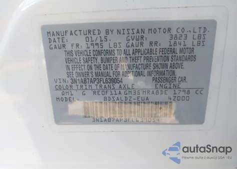 2015 Nissan Sentra Fe+ S/S/Sl/Sr/Sv z USA, uszkodzony, nr VIN 3N1AB7AP3FL639054